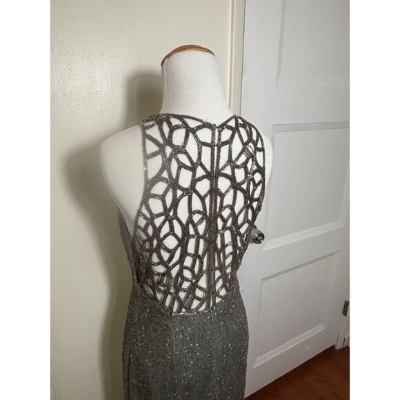 VTG Scala Beaded Gown Glam Formal Evening Wear Event size XL Silver Gray Silk - Picture 3 of 9